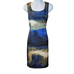 Lafayette 148 New York Abstract Print Sheath Dress Blue Gold Size 4